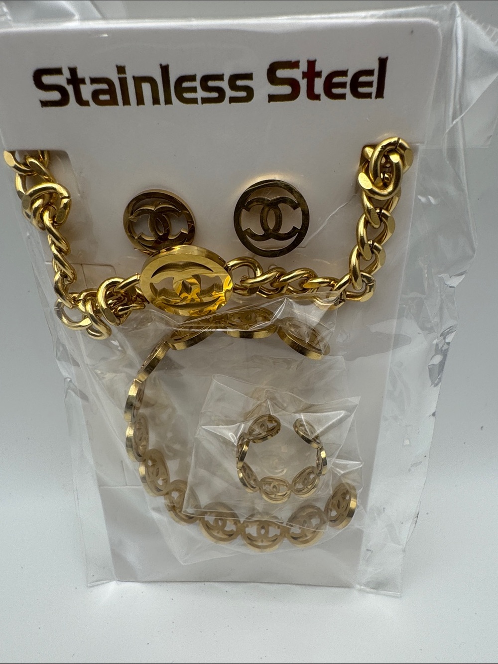 Gold Stainless Steel Women's Jewelry Set - Elegant Link & Logo Style